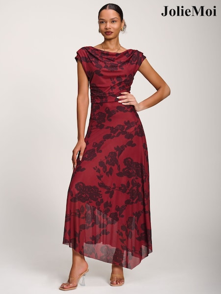 Red - Jolie Moi Asymmetrical Draped Mesh Maxi Dress