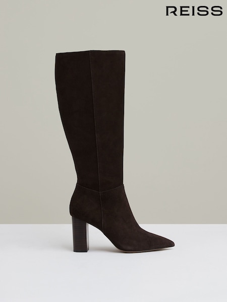 Reiss Chocolate Bianca Block Heel Knee High Boots (AA3764) | £348