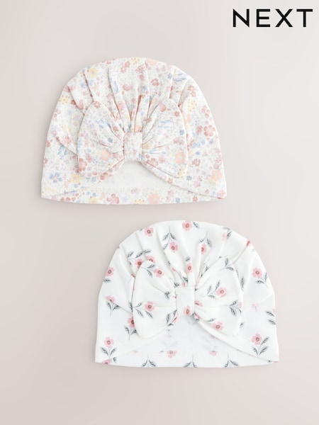 White ditsy Baby Bow Turban 100% Cotton Hats 2 Pack (0mths-2yrs) (AA3782) | £6.50
