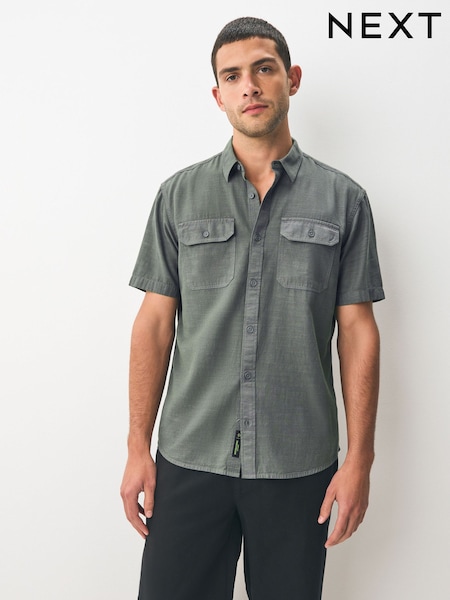 Khaki Green Cotton Tencel Blend Short Sleeve Shirt (AA3829) | £35