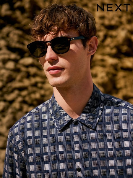 Navy Blue Patchwork Check Short Sleeve Shirt (AA3832) | £35
