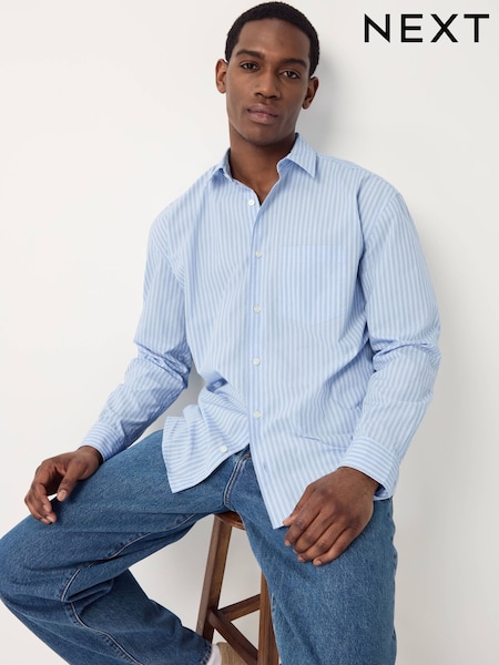 Blue Stripe Poplin Long Sleeve Oxford 100% Cotton Shirt (AA3842) | £32