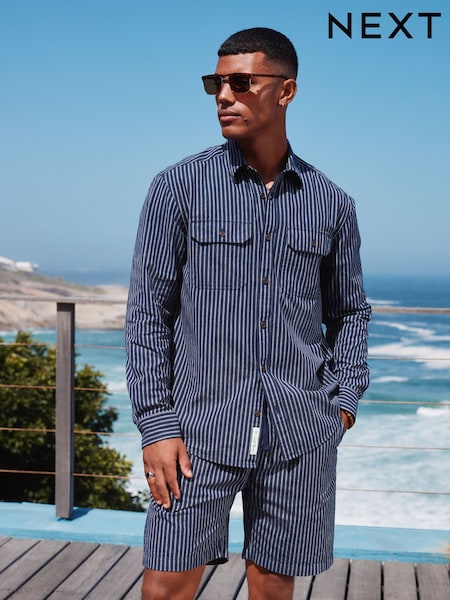 Navy Blue Stripe Cotton Long Sleeve 100% Cotton Shirt (AA3863) | £38