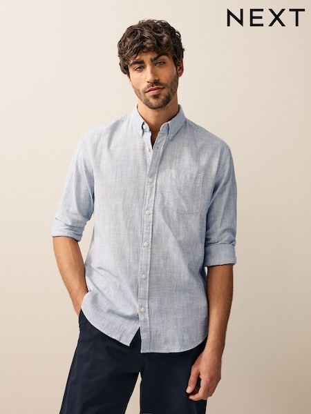 Navy Blue Textured Long Sleeve 100% Cotton Shirt (AA3864) | £32