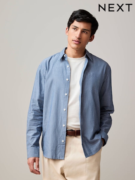 Blue Chambray Denim Stripe Long Sleeve 100% Cotton Shirt (AA3865) | £35