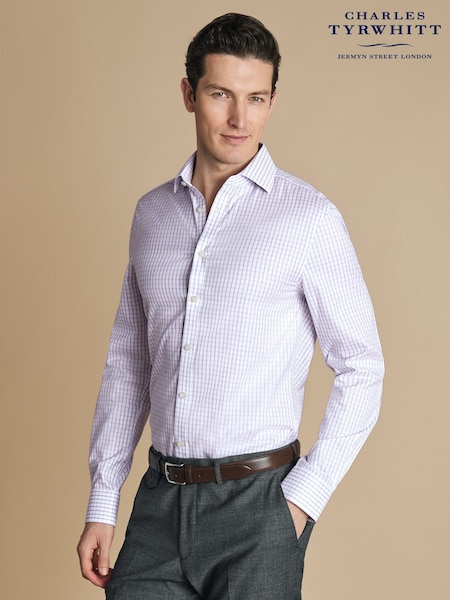 Charles Tyrwhitt Purple Slim Fit Cutaway Collar Non-Iron Fine 100% Cotton Check Shirt (AA3928) | £70