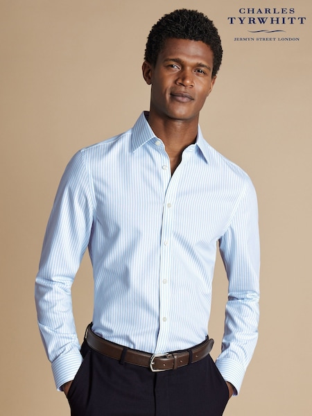 Charles Tyrwhitt Blue Slim Fit Non Iron Royal Oxford 100% Cotton Stripe Shirt (AA3935) | £70