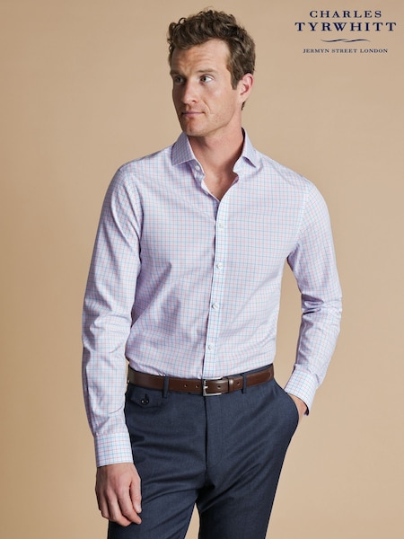 Charles Tyrwhitt Pink Slim Fit Non Iron Cutaway Collar Grid 100% Cotton Check Shirt (AA3958) | £65