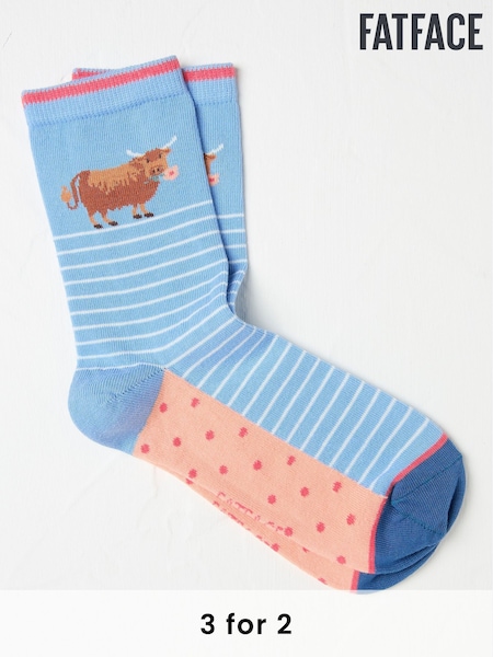 FatFace Blue Hetty Highland Cow Women's Socks (AA4143) | £7.50