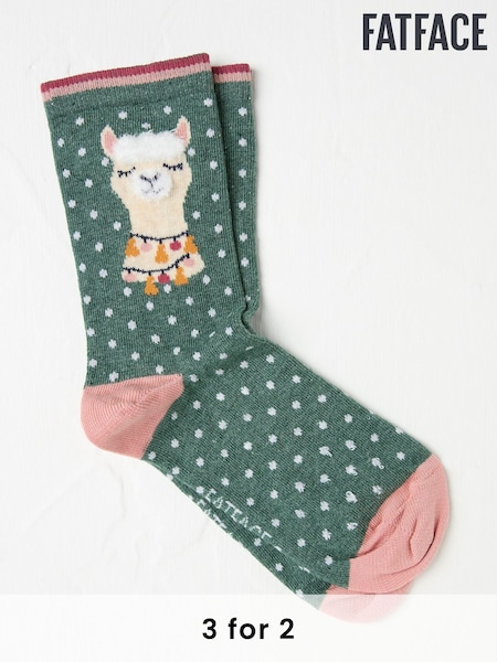FatFace Green Fluffy Llama Women's Socks (AA4152) | £7.50