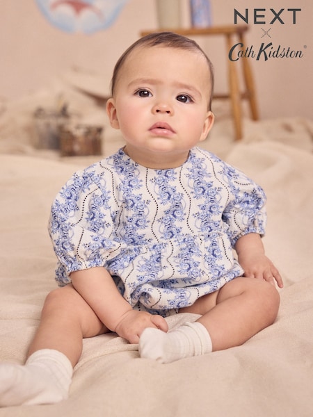 Cath Kidston Blue 100% Cotton Broderie Baby Romper (AA4391) | £21 - £23