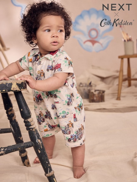 Ecru Tractor Printed Collared 100% Cotton Cath Kidston Romper (AA4398) | £18 - £20