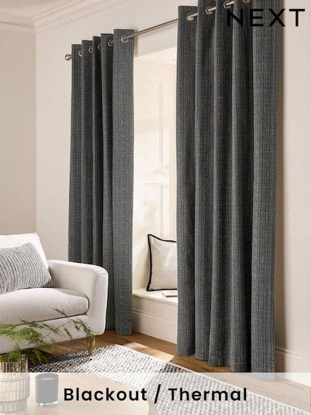 Charcoal Grey Textured Weave Blackout/Thermal Eyelet Curtains (AA4404) | £85 - £190