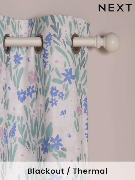 Blue/Lilac Purple Floral Print Blackout/Thermal Eyelet Curtains (AA4431) | £50 - £110