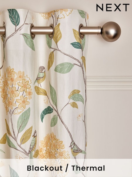 Natural Floral Bird Print Blackout Thermal Eyelet Curtains (AA4436) | £50 - £110