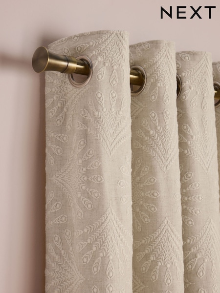 Natural/White Country Luxe Embroidered Linen Blend Eyelet Lined Curtains (AA4440) | £120 - £250