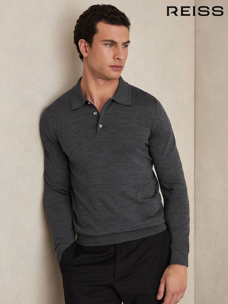Reiss Derby Grey Marl Trafford Merino Wool Polo Shirt (AA4581) | £98