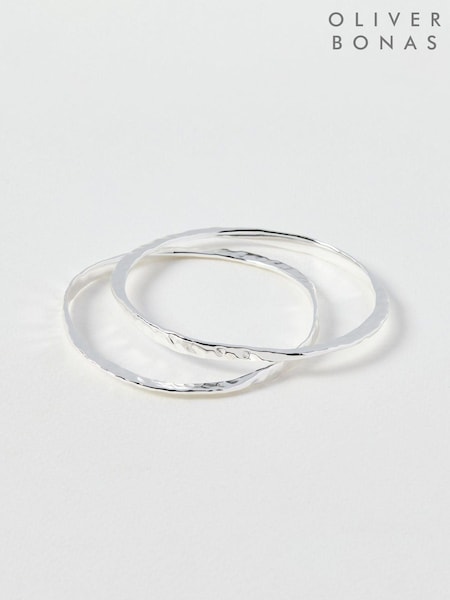 Oliver Bonas Silver Clara Oval Hammered Silver Plated Bangles Set of 2 (AA5208) | £60