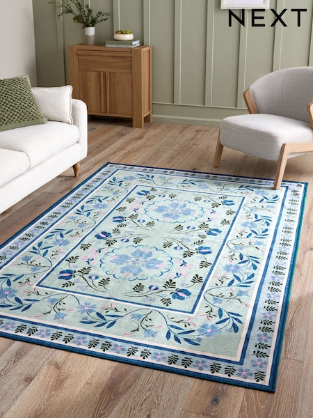 Blue Washable Bridget Floral Rug (AA5441) | £30 - £150
