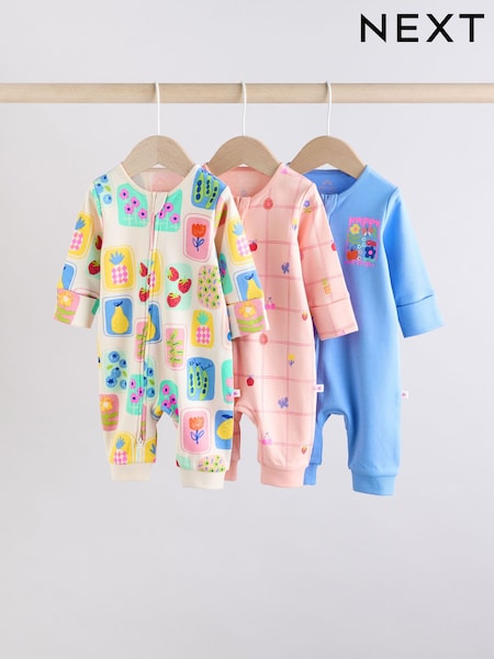 Multi 100% Cotton Two Way Zip Baby Footless Sleepsuits 3 Pack (0mths-3yrs) (AA5455) | £19 - £21