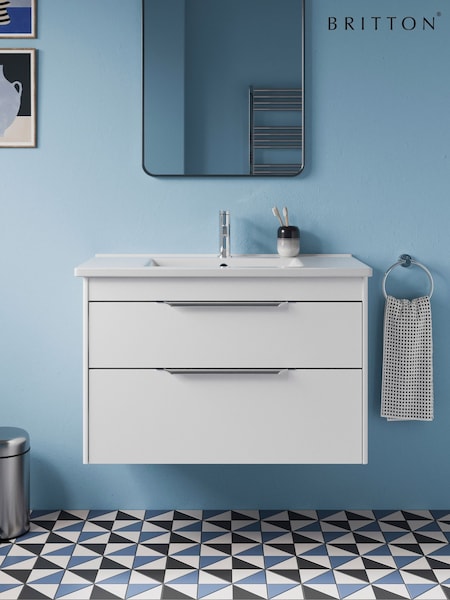 Britton Bathrooms Matt White Chrome Shoreditch Double Drawer Vanity Unit with Basin 820mm (AA5880) | £1,126