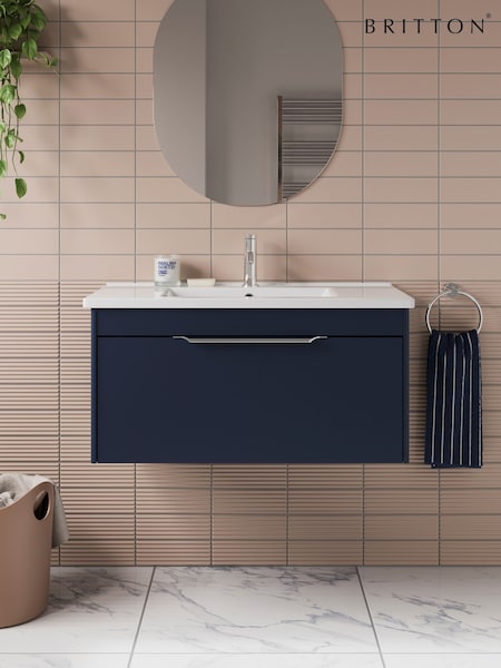 Britton Bathrooms Matt Blue Chrome Shoreditch Single Drawer Vanity Unit with Basin 820mm (AA5906) | £937