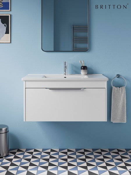 Britton Bathrooms Matt White Chrome Shoreditch Single Drawer Vanity Unit with Basin 820mm (AA5915) | £937