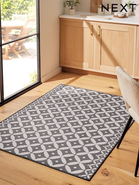 Grey Washable Tile Rug (AA5938) | £35 - £65