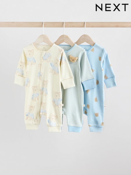 Blue 3 Pack Bear Baby Sleepsuits (0-2yrs) (AA5955) | £20 - £22