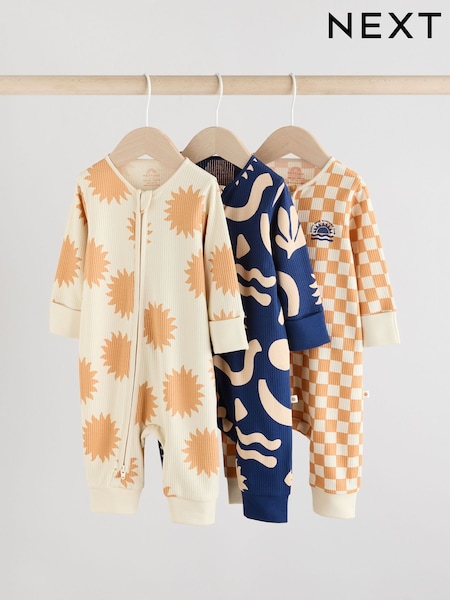 Navy/Camel Baby Two Way Zip Footless 100% Cotton Sleepsuits 3 Pack (0mths-3yrs) (AA5967) | £20 - £22
