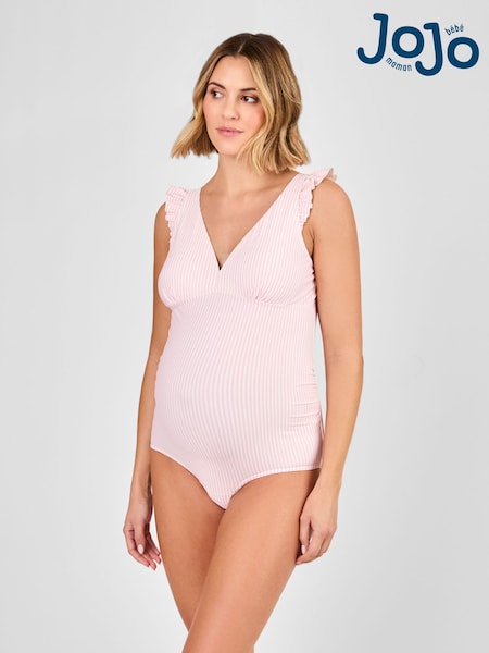 JoJo Maman Bébé Pink Maternity Stripe Frill Sleeve V-Neck Swimsuit (AA6013) | £32