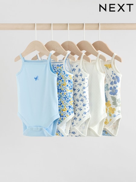 Blue Ditsy Baby Strappy Vest 100% Cotton Bodysuit 5 Pack (AA6293) | £14 - £16