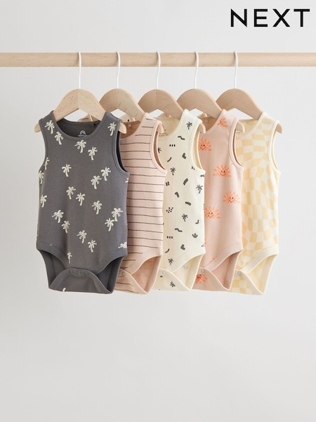 Monochrome/Cream Tropical Print Baby Vest Bodysuits 5 Pack (AA6371) | £16 - £18