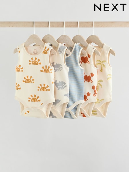 Cream/ Blue/ Orange Sea Character 100% Cotton Baby Vest Bodysuits 5 Pack (AA6373) | £14 - £16