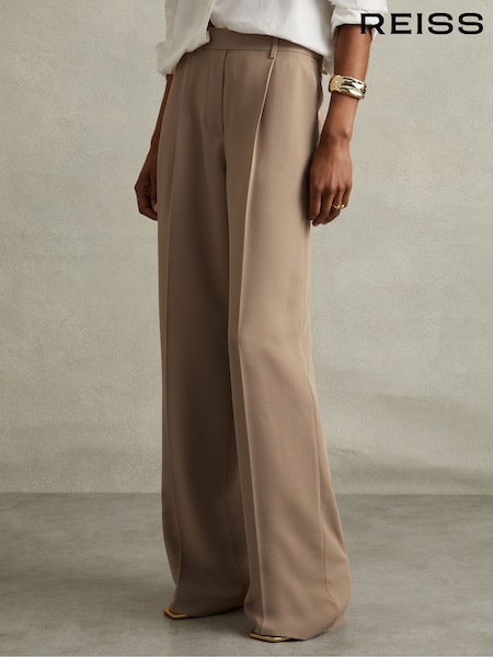 Reiss Mink Neutral Eden Petite Half-Elasticated Wide Leg Trousers (AA6695) | £128