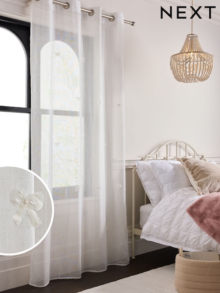 White Bow Appliqué Voile Eyelet Sheer Panel Unlined Curtains (AA6736) | £24 - £32