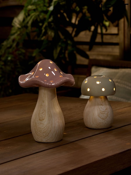 Set of 2 Sage Green Ceramic Mushrooms Outdoor Solar Light (AA6760) | £35