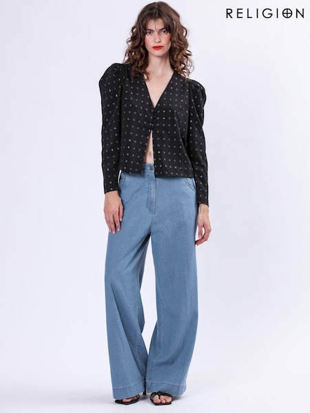 Religion Blue Eccentric Denim Look Wide Leg 100% Cotton Trousers (AA6807) | £80