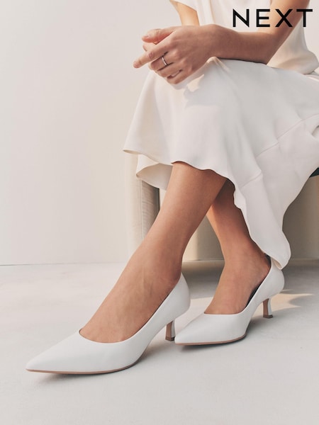 White Forever Comfort® Leather Point Toe Kitten Heel Shoes (AA6894) | £49