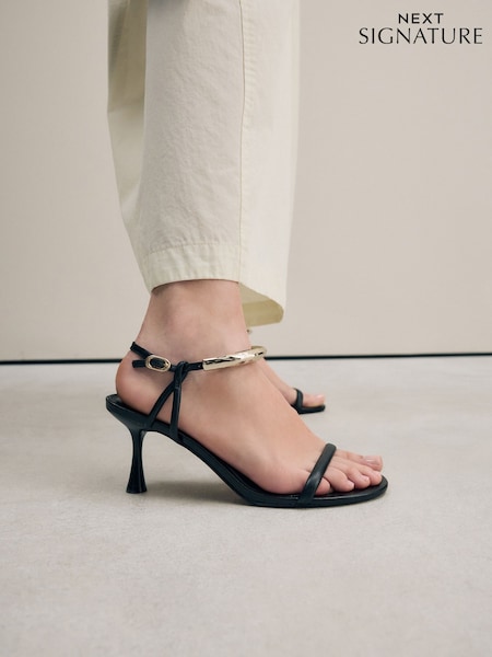 Black Signature Leather Ankle Cuff Sandal Heels (AA6909) | £84