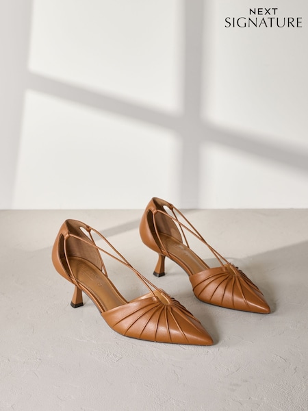 Tan Brown Signature Leather Point Toe Tube Strap Kitten Heels (AA6923) | £70
