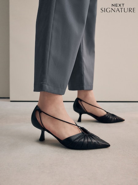 Black Signature Leather Point Toe Tube Strap Kitten Heels (AA6924) | £70