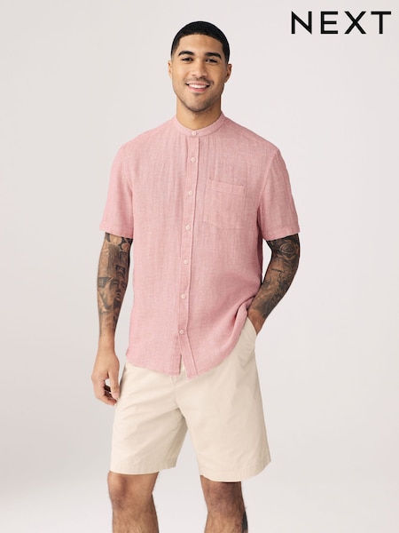 Pink Grandad Collar Cotton Linen Blend Short Sleeve Shirt (AA6970) | £28