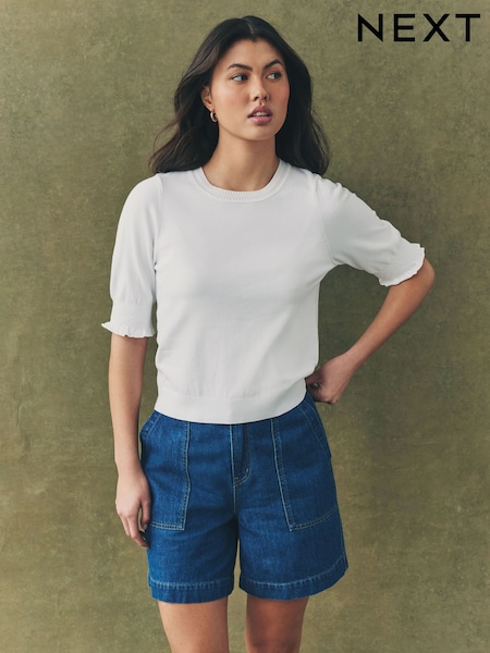 White Ecru Short Sleeve Crew Neck T-Shirt With Frill Edge Detail (AA7333) | £16