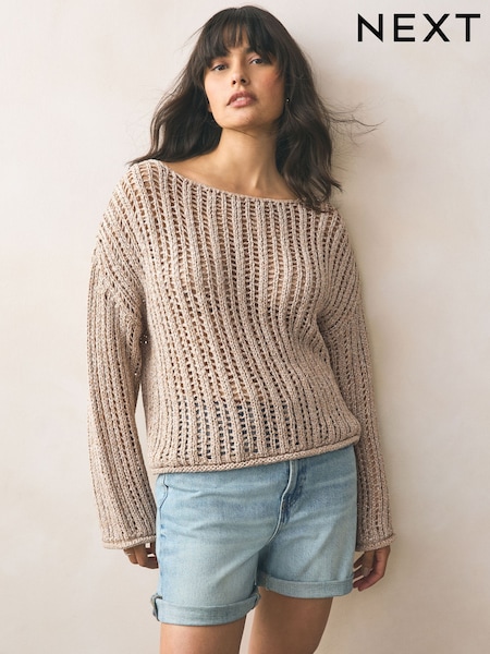 Gold Champagne Stitchy Off The Shoulder Flare Sleeve Jumper (AA7336) | £40