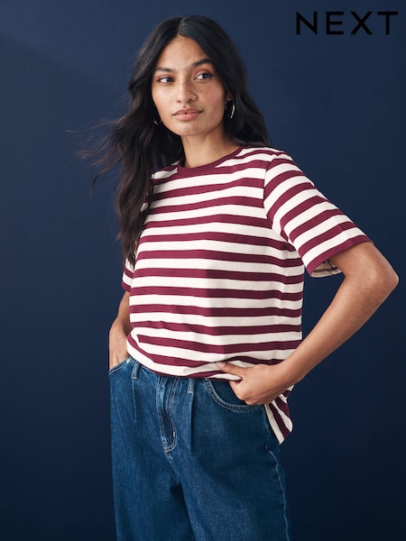 Berry/Ecru Stripe Heavyweight Short Sleeve Crew Neck T-Shirt (AA7694) | £19