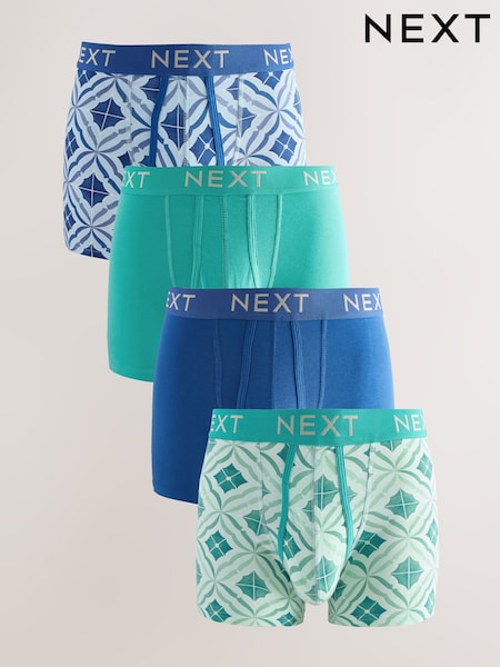 Blue/Green Tile Print A-Front Boxers 4 Pack (AA7731) | £24