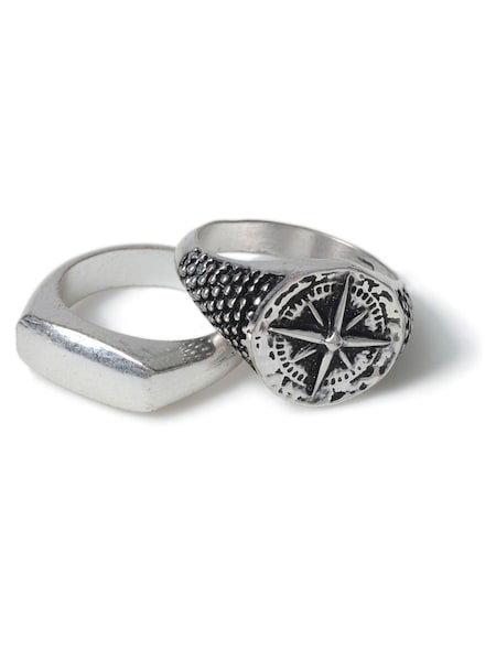 DCK Mens Silver Tone Antique Compass Rings 2 Pack (AA7900) | £15