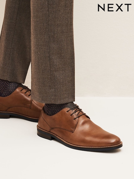 Tan Brown Wide Fit Leather Derby Shoes with Navy Contrast Sole (AA7990) | £55