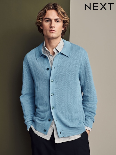 Blue 100% Cotton Regular Fit Textured Stripe Button-Through Jumper (AA8122) | £36